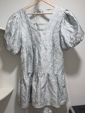 Endless Rose Light Blue and White Puff-Sleeve Tiered Mini Dress